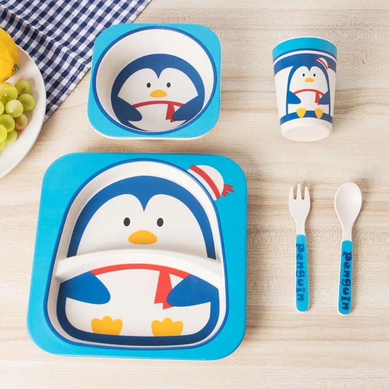 KIDS 5IN1 BAMBOO FIBRE TABLEWARE SET-penguin