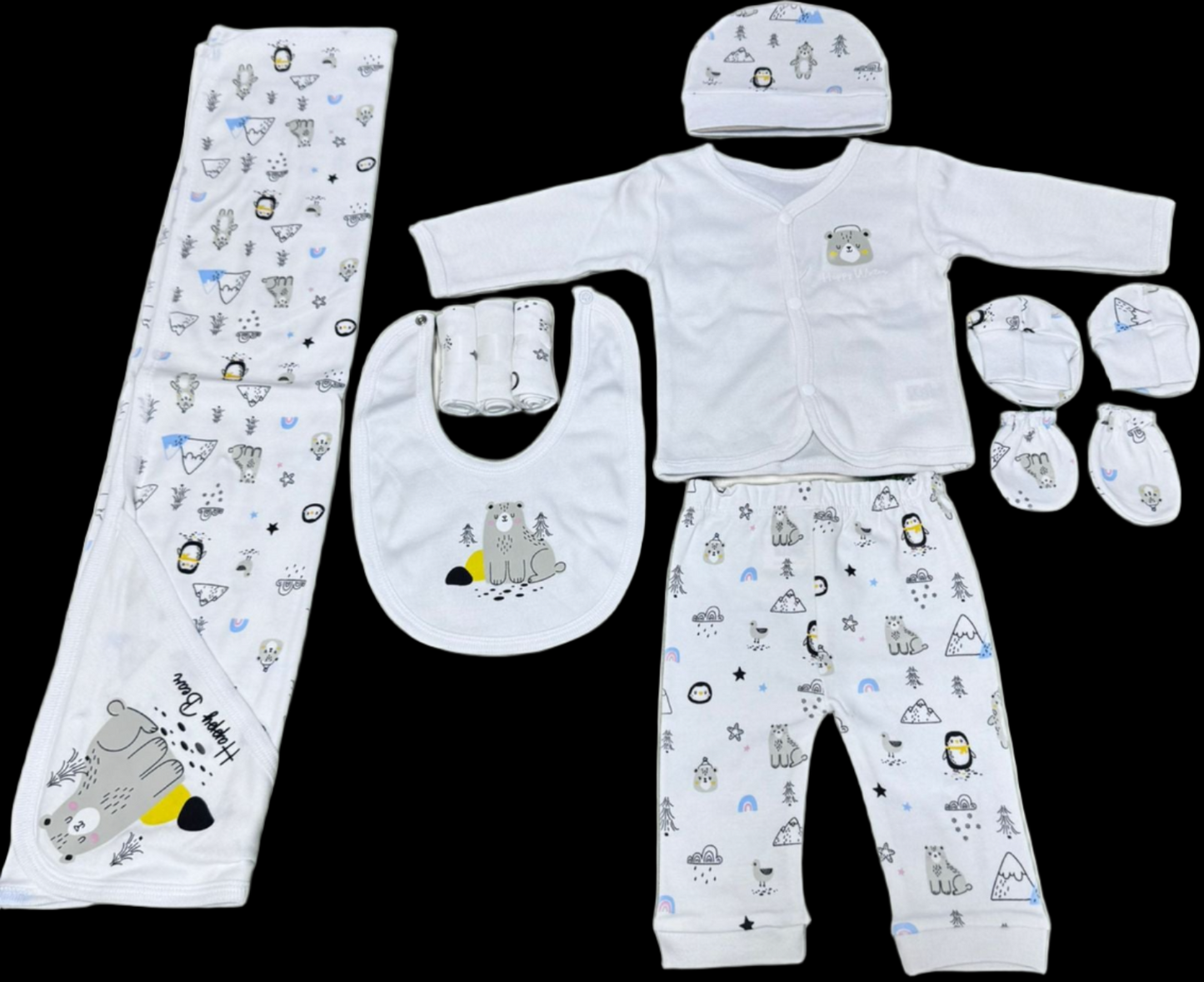 Starter Baby Suit Set: 10 pcs Set - 1 Shirt, 1 Pajama, 1 Cap, 1 Bib, 3 pcs Towel, 1 Mittens, 1 Booties, and 1 Hanger