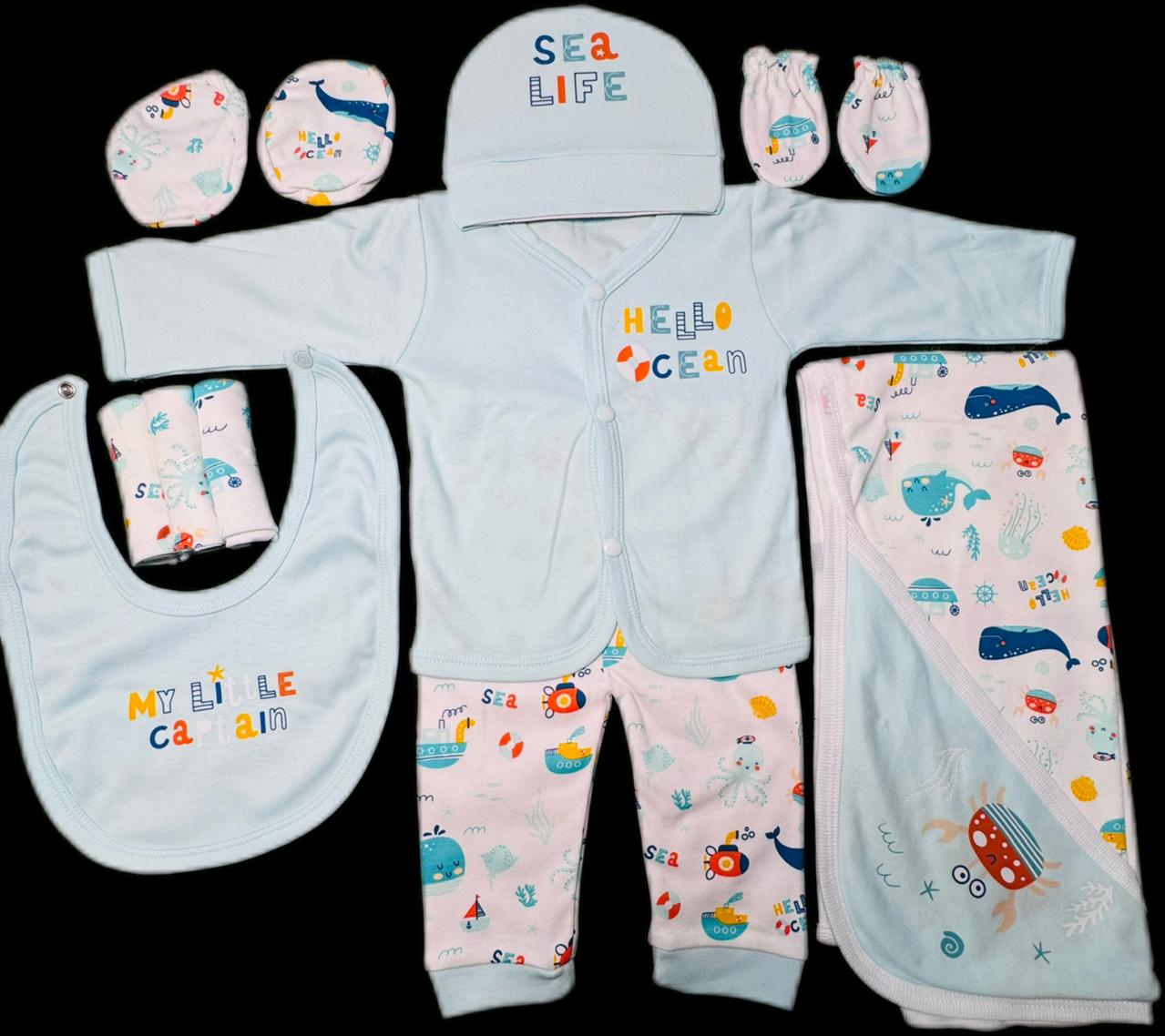 Starter Baby Suit Set: 10 pcs Set - 1 Shirt, 1 Pajama, 1 Cap, 1 Bib, 3 pcs Towel, 1 Mittens, 1 Booties, and 1 Hanger