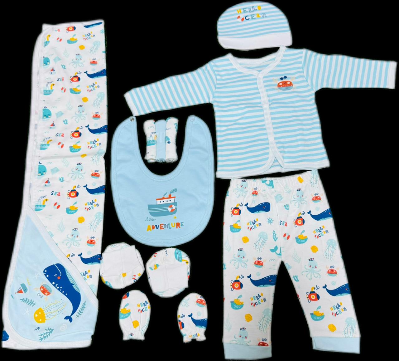 Starter Baby Suit Set: 10 pcs Set - 1 Shirt, 1 Pajama, 1 Cap, 1 Bib, 3 pcs Towel, 1 Mittens, 1 Booties, and 1 Hanger