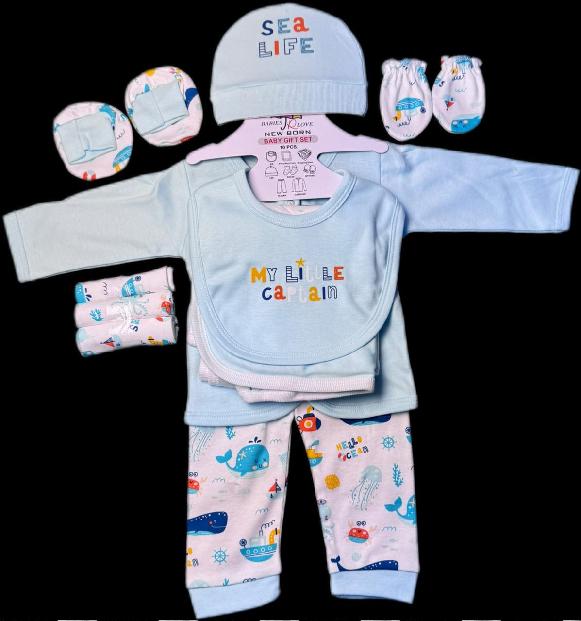 Starter Baby Suit Set: 10 pcs Set - 1 Shirt, 1 Pajama, 1 Cap, 1 Bib, 3 pcs Towel, 1 Mittens, 1 Booties, and 1 Hanger