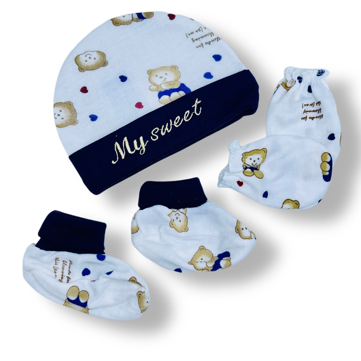 Soft Cotton Baby Cap, Mittens & Booties Set