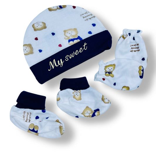 Soft Cotton Baby Cap, Mittens & Booties Set