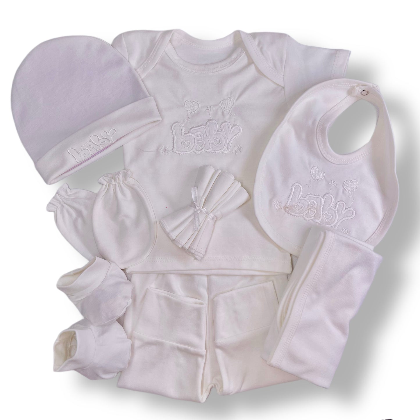 Infant 11-Piece Gift Set: T-Shirt, Pant, Bib, Cap, Hanger, Booties, 3 Face Towels, Pair of Mittens